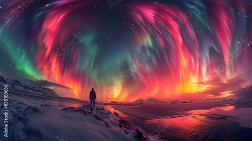 A lone figure stands captivated by the majestic auroras unfolding in a snowy polar landscape