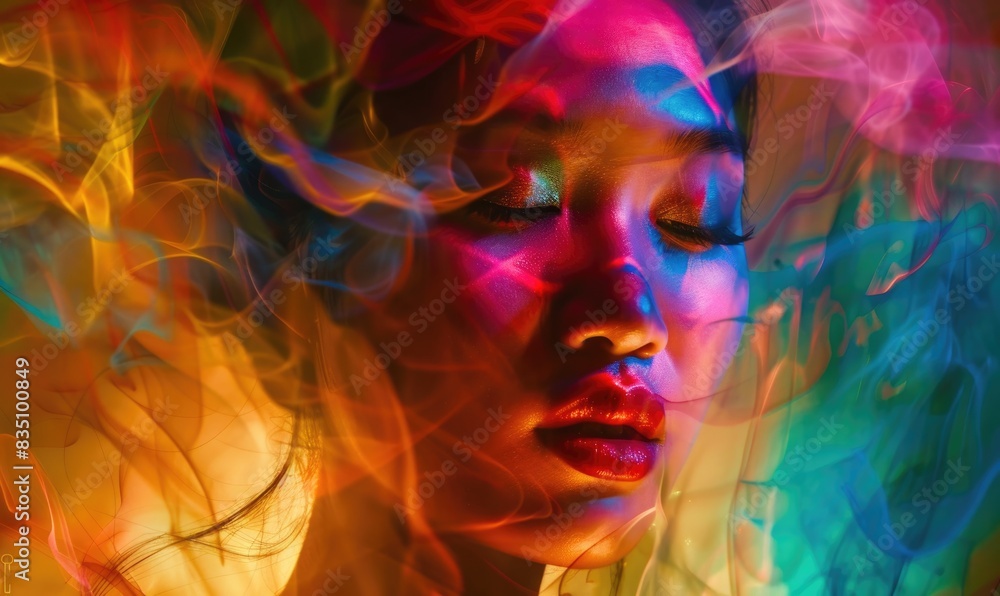 Closeup portrait of young girl on abstract background with motion blur light Closeup portrait of young girl on abstract background with motion blur light