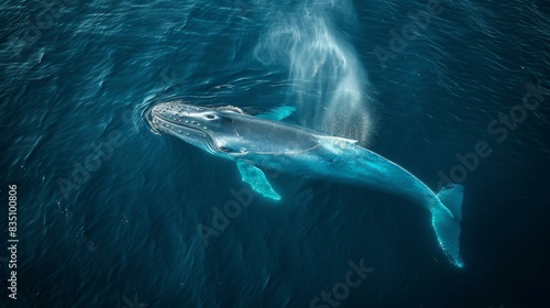 Aerial view of a humpback whale in clear blue water  showing water spray from blowhole