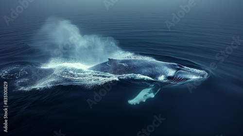 Moody image of a humpback whale exhaling with a misty blow at the ocean surface