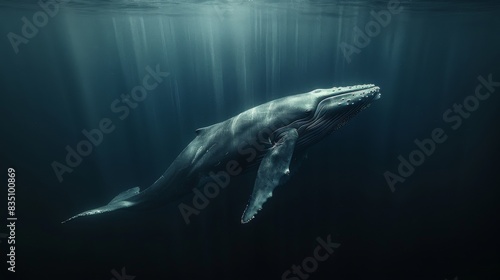 Underwater shot of a humpback whale diving in the ocean with rays of light