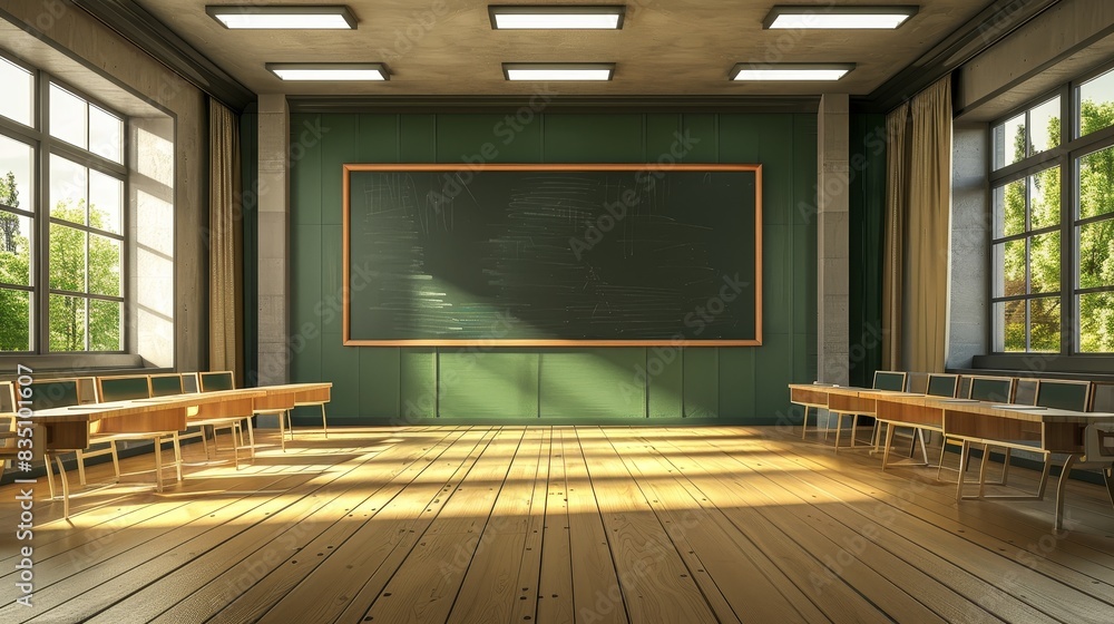 : Title Bright classroom with empty blackboard : Title Bright classroom with empty blackboard
