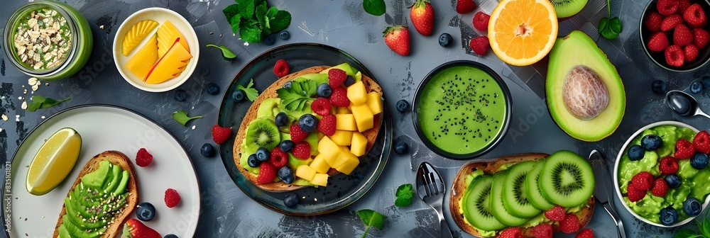 Healthy and Vibrant Breakfast Spread with Avocado Toast and Assorted Fruits Healthy and Vibrant Breakfast Spread with Avocado Toast and Assorted Fruits
