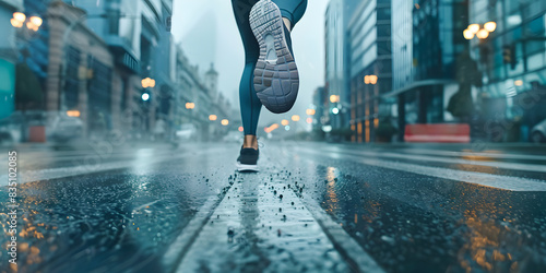 Imagen horizontal de una mujer corriendo en medio de la carretera despues de que lloviera haciendo ejercicio de alto rendimiento