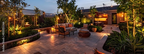 Inviting Outdoor Patio Retreat with Comfortable Seating and Ambient Lighting
