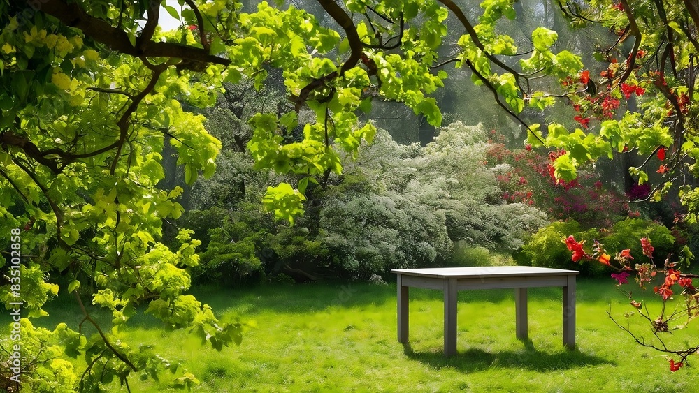 Spring beautiful background with green lush young foliage and flowering branches with an empty wooden table in nature outdoors in sunlight in the garden. Spring beautiful background with green lush young foliage and flowering branches with an empty wooden table in nature outdoors in sunlight in the garden.