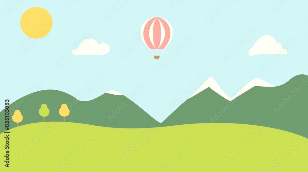 Fototapeta premium Flat cartoon 2D nature with mountains, blue sky, trees and sun with flying red air balloon aerostat copyspace background