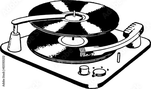 Vintage retro black and white illustration of vinyl record albums on a record player turntable