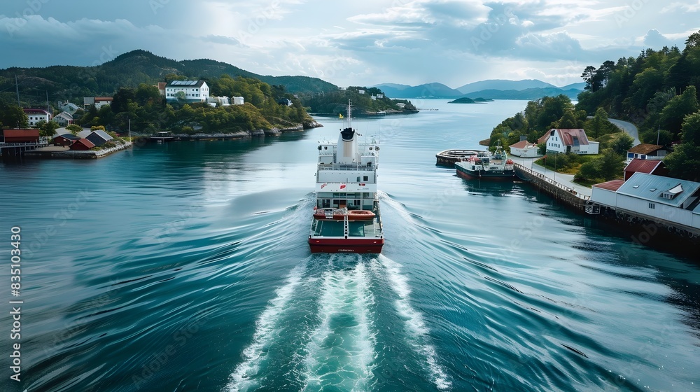 Naklejka premium Scenic Ferry Crossing Transporting Vehicles and Passengers Across Serene Body of Water