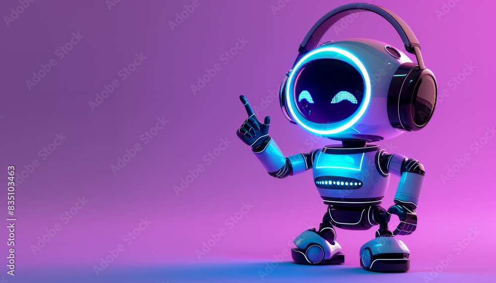 Cute Robot with Glowing Blue Eyes Pointing, Concept of Futuristic Technology by AI generated image Cute Robot with Glowing Blue Eyes Pointing, Concept of Futuristic Technology by AI generated image