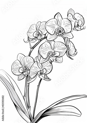 This is a free, printable coloring page featuring a detailed outline of an orchid flower with leaves. The image is on a white background and is perfect for adults who enjoy coloring as a relaxing