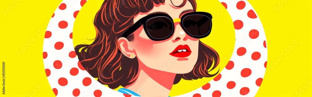 A woman with dark hair and sunglasses against a yellow and red polka dot background. A woman with dark hair and sunglasses against a yellow and red polka dot background.