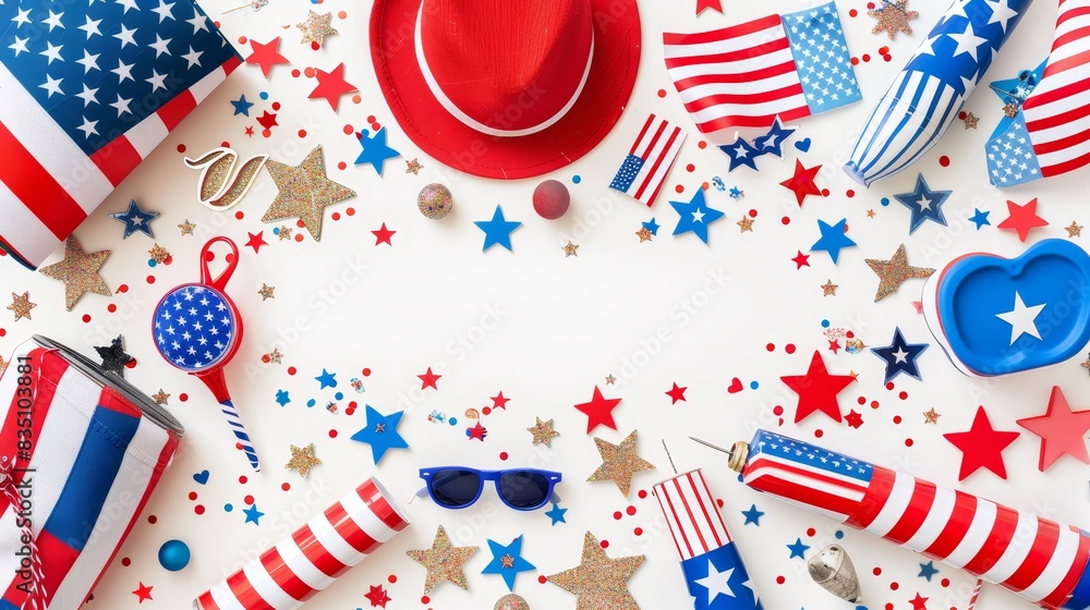 Fototapeta premium Composition featuring the American flag and patriotic elements on a white backdrop