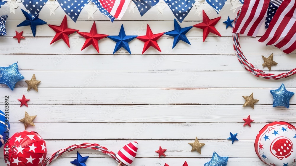 Obraz premium Independence Day decorations with an American flag and blank white space