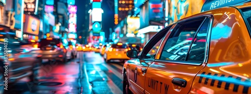 Vibrant Cityscape with Iconic Taxi Amid the Neon Lights of a Bustling Downtown Nightlife