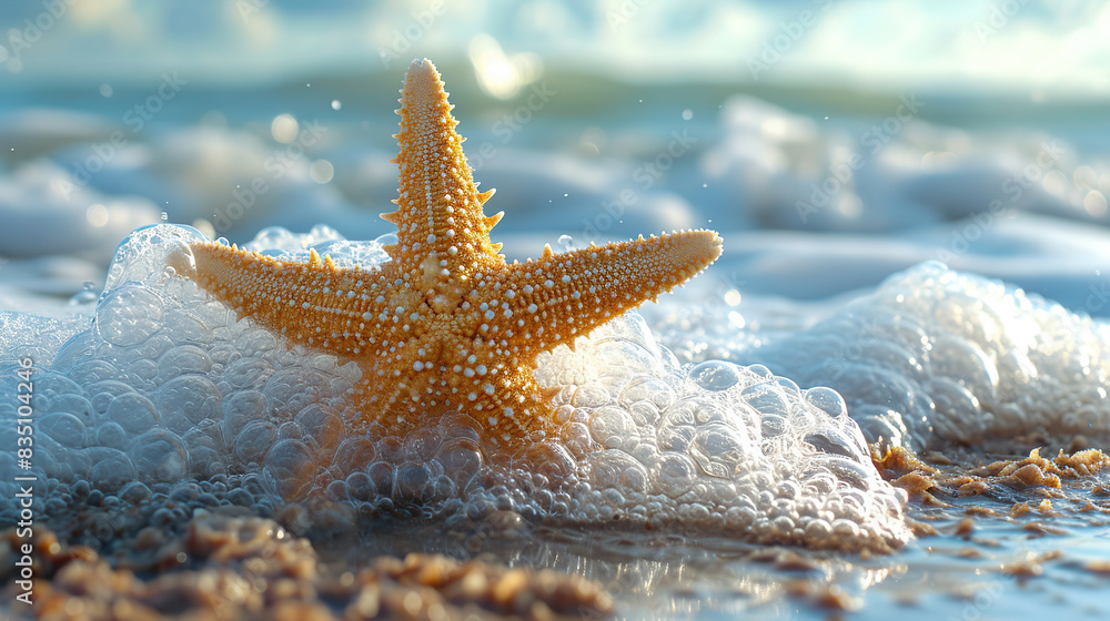 Very Close Of A Beautiful Vibrant Starfish On Sandy Beach On Blurry Background Very Close Of A Beautiful Vibrant Starfish On Sandy Beach On Blurry Background