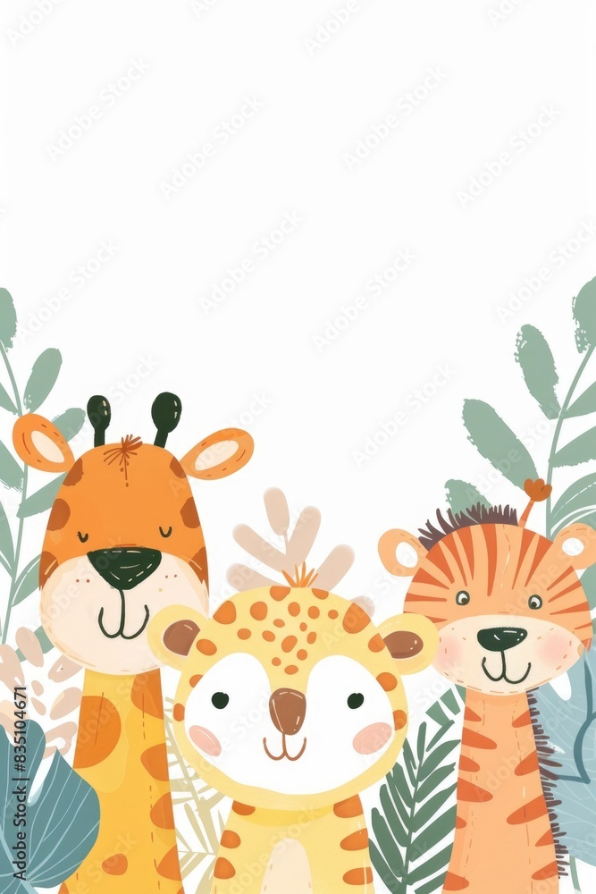 Fototapeta premium Adorable Safari Animals Cartoon Illustration for Children's Decor