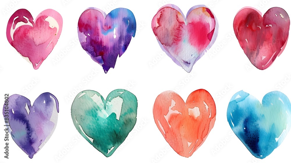 A high-resolution image featuring a set of watercolor hearts, each painted in vibrant colors and isolated on a clean white background. The hearts vary in size and color, including shades of red, A high-resolution image featuring a set of watercolor hearts, each painted in vibrant colors and isolated on a clean white background. The hearts vary in size and color, including shades of red,