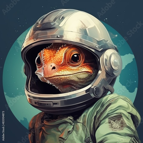 A curious lizard in an astronaut suit stares out at the cosmos.  The image is full of humor and whimsical charm. photo