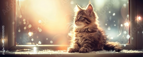Adorable kitten sitting by the window, basking in the warm sunlight with a dreamy background full of sparkling light bokeh.
