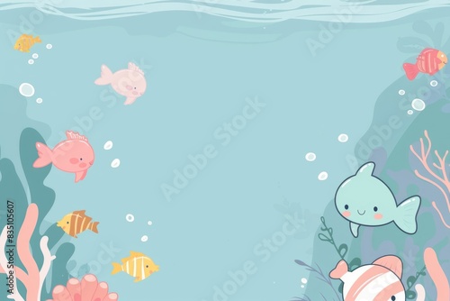 Whimsical Underwater Scene with Playful Whales and Tropical Fish