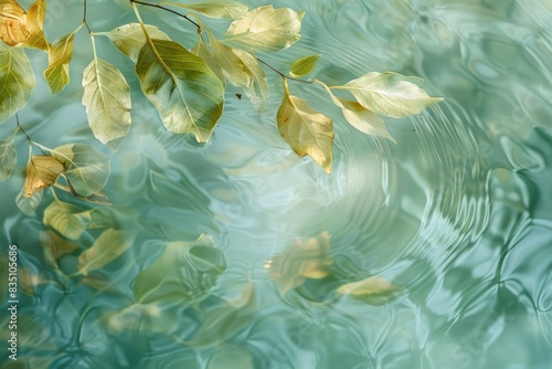Abstract representations of nature elements like leaves and water, in soft green and blue photo