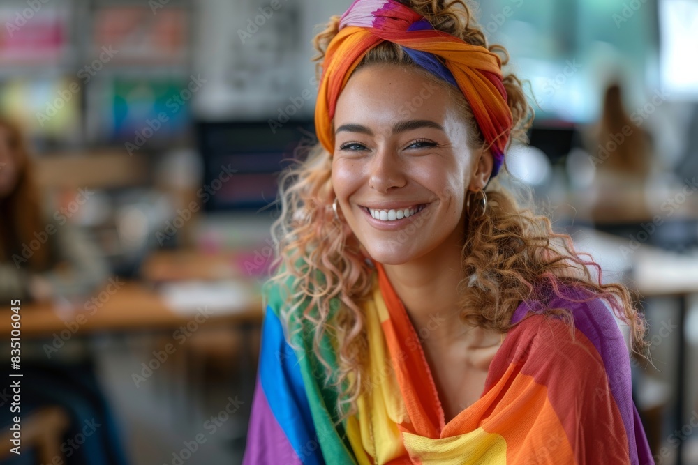 Office scene with LGBTQ employees working confidently, showcasing employment protections Office scene with LGBTQ employees working confidently, showcasing employment protections