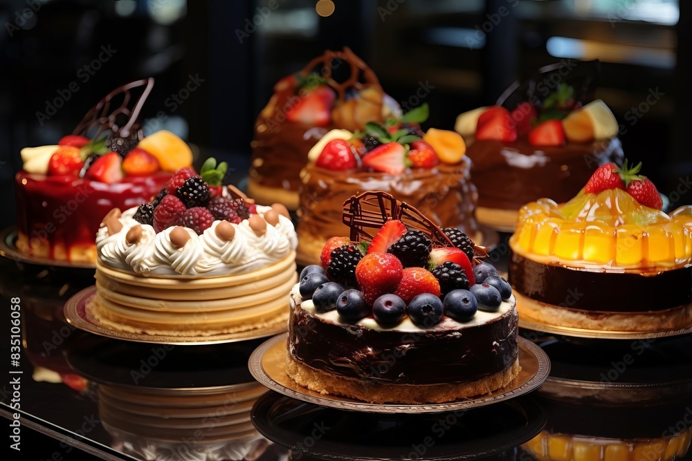 Another set of gourmet cakes and pastries with various toppings, Another set of gourmet cakes and pastries with various toppings,