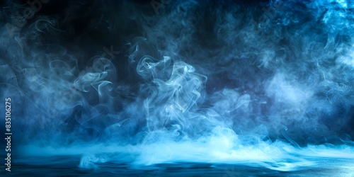 Studio room with concrete floor smoke floating up dark blue background. Concept Dark and Moody Studio Room  Concrete Flooring  Smoke Effect  Blue Background