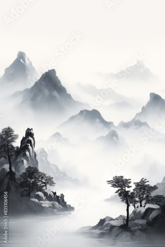 A watercolor landscape of serene mountains. Chinese style classical traditional ink painting sumi-e