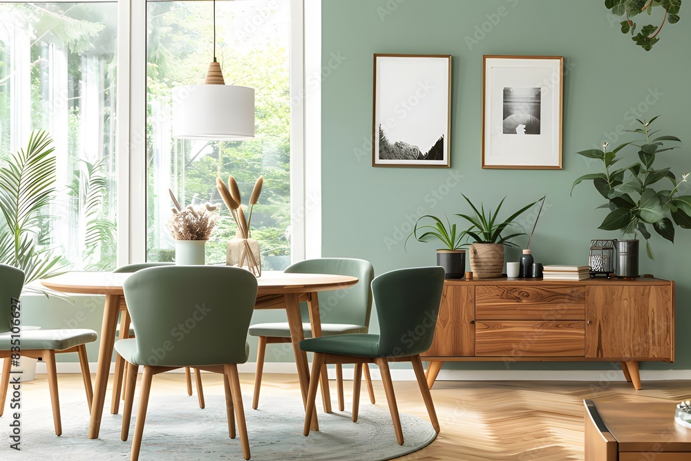 Modern dining room with round wooden table, interior design ai generative Modern dining room with round wooden table, interior design ai generative