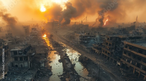 Devastated Buildings and Rubble in City After Intense Airstrikes, Smoke Rising Amidst the Ruins, Highlighting the Aftermath of Conflict and Destruction