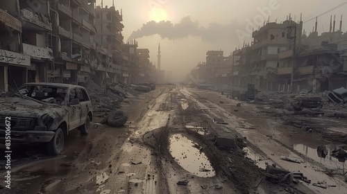 Devastated Buildings and Rubble in City After Intense Airstrikes, Smoke Rising Amidst the Ruins, Highlighting the Aftermath of Conflict and Destruction