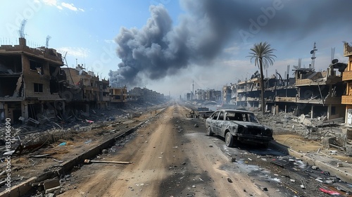 Devastated Buildings and Rubble in City After Intense Airstrikes, Smoke Rising Amidst the Ruins, Highlighting the Aftermath of Conflict and Destruction