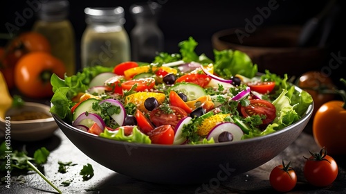 A bowl of fresh vegetable salad with a variety of ingredients,