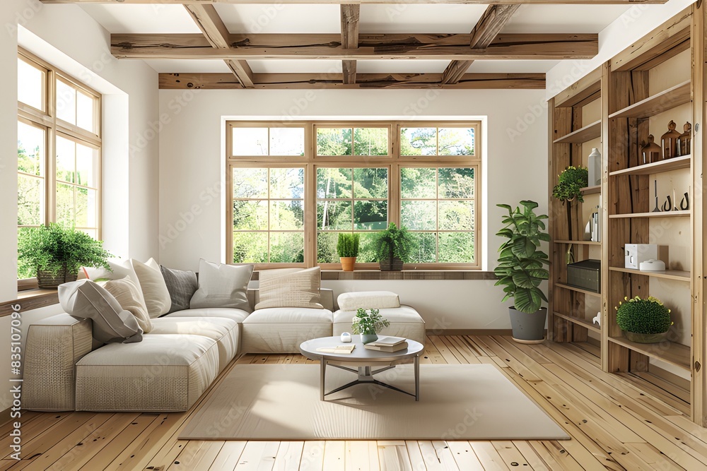 modern living room with a wooden floor, sofa and coffee table, a window in the background, interior design  ai generative