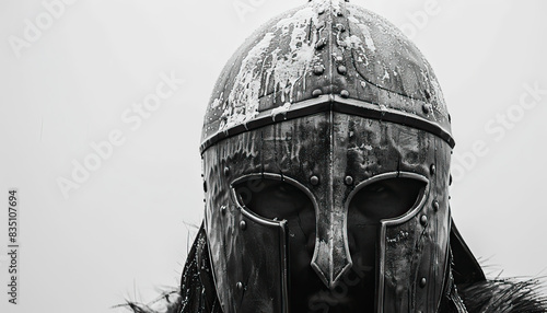 Visigoth warrior helmet illustration, modern graphic design, isolated, copy and text space, close-up, macro, white background, black and white. Template, banner, background, wallpaper, backdrop photo