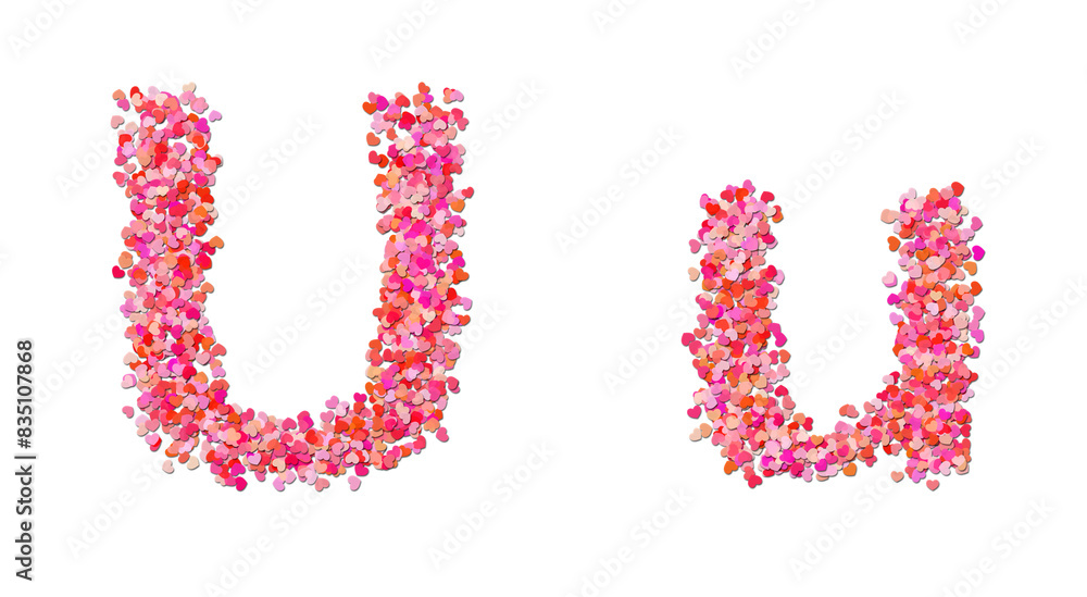 letter U made of red hearts. Heart shapes alphabet.