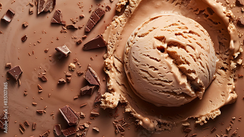 Scoop of Chocolate ice cream isolated with a few ingredients on smooth flakes of chocolate ice cream background top view