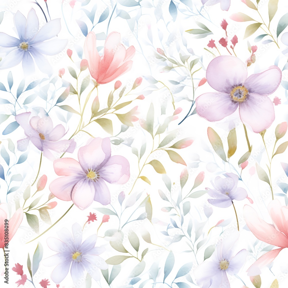  Watercolor floral seamless pattern with pink, purple, and blue