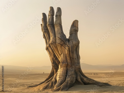 Sculpture monumentale en bois en forme de main dans le désert photo
