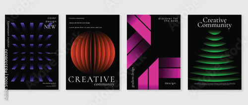 Abstract gradient poster background vector set. Minimalist style cover template with vibrant perspective 3d geometric prism shapes collection. Ideal design for social media, cover, banner, flyer.