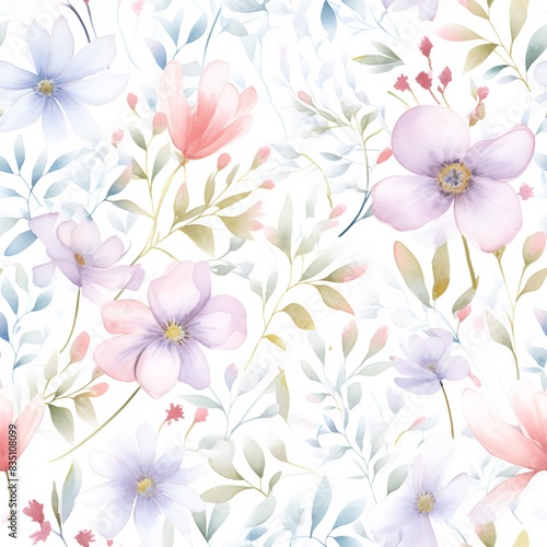  Watercolor floral seamless pattern with pink  purple  and blue
