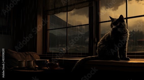  A black cat sits in front of a window, looking out at the rain photo
