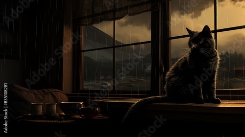  A black cat sits in front of a window, looking out at the rain