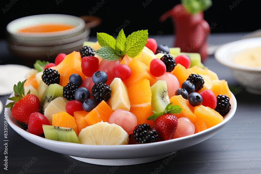 A detailed fruit salad with a variety of fresh fruits, A detailed fruit salad with a variety of fresh fruits,