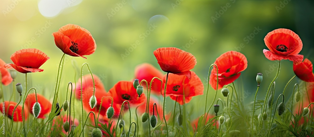 Fototapeta premium Blurry large red poppies on a green grass background, offering ample copy space image.