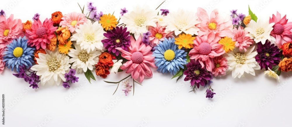 Colorful flowers against a white backdrop create a vibrant and refreshing image perfect for any design with copy space image. Colorful flowers against a white backdrop create a vibrant and refreshing image perfect for any design with copy space image.