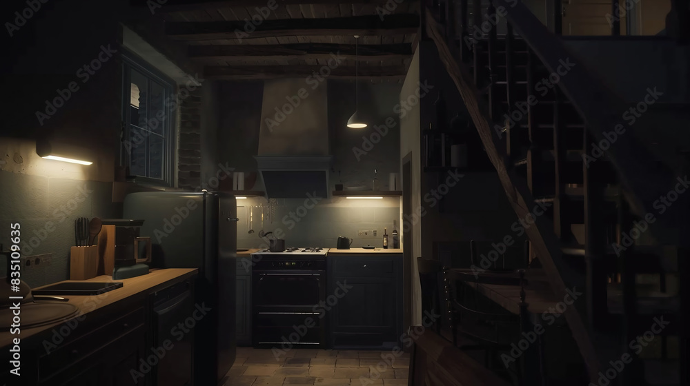 Traditional interior of old village kitchen in historic country house with stucco walls, wooden beams, oak wood furniture, vintage kitchenware Traditional interior of old village kitchen in historic country house with stucco walls, wooden beams, oak wood furniture, vintage kitchenware