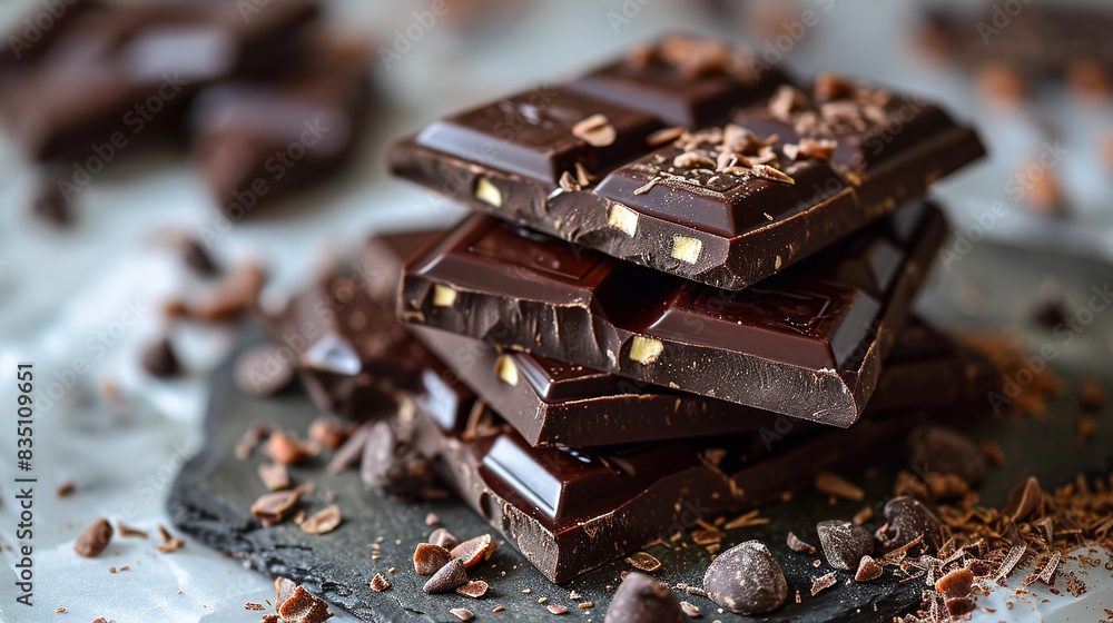 Dark Chocolate Pieces on Table On Blurry Background Dark Chocolate Pieces on Table On Blurry Background